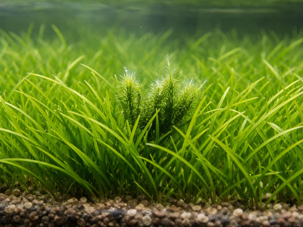 Underwater view of aquatic grass carpet with a small green algae outbreak amid cleaner blades.