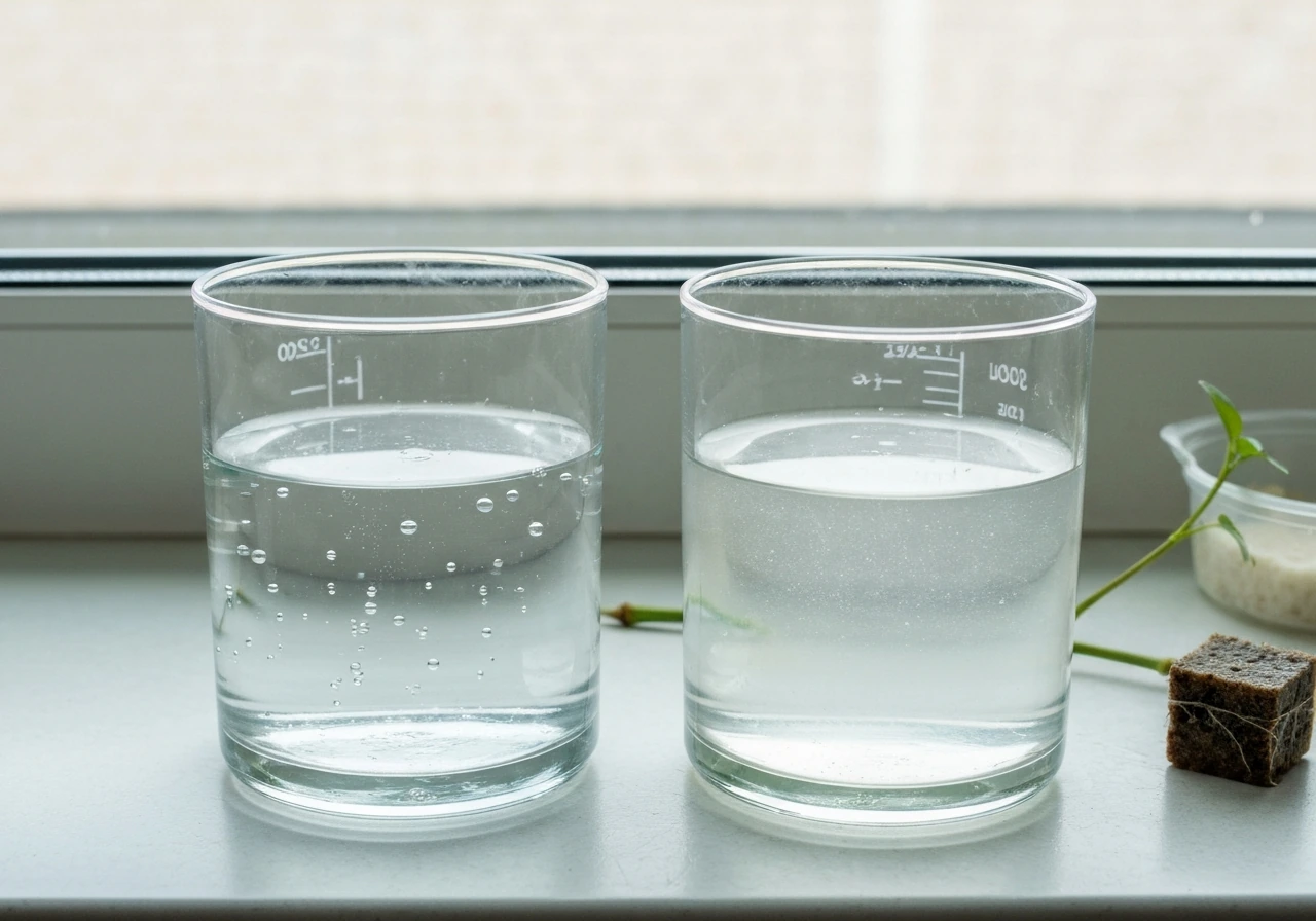 Two clear containers of water on a windowsill, uncovered on the left and treated-looking on the right.