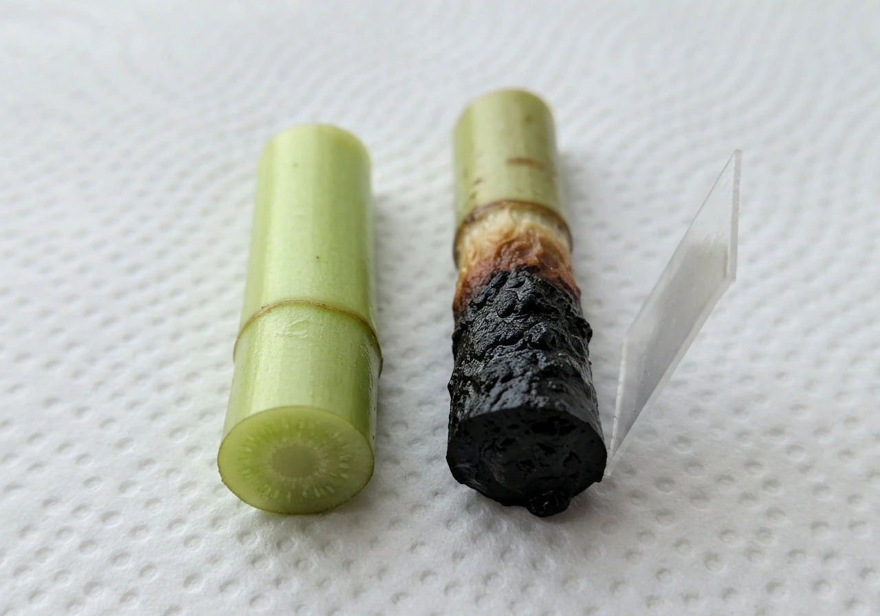 Two cut plant stems on paper towel: one firm green, the other black and mushy at the cut end.