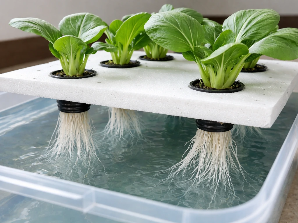 Top-down hydroponic setup with pechay seedlings on a floating raft, green leaves above and white roots in water.