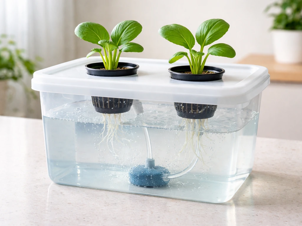 Minimal hydroponic pechay system with net pots, clear reservoir, and air stone in nutrient water.