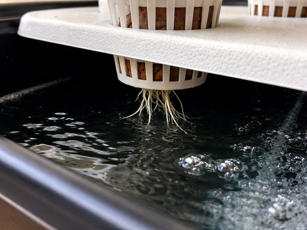 Close-up of DWC/raft system showing water 2–4 cm below net pot bottoms with visible air gap and roots.