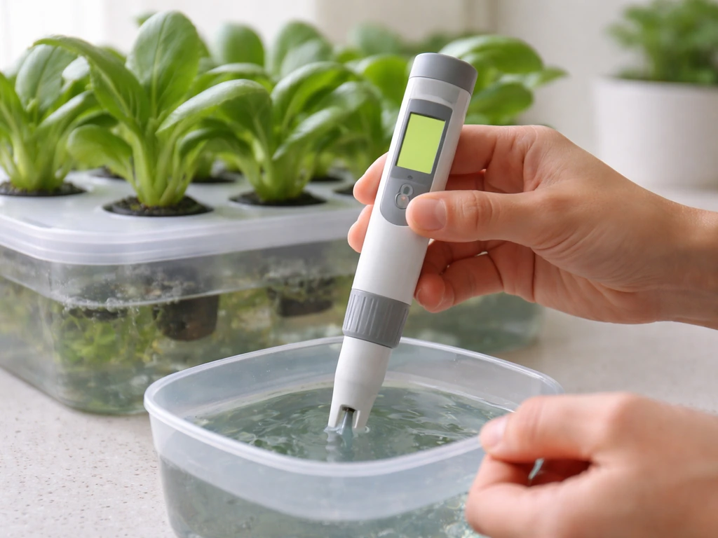 Hands testing reservoir pH with a probe, with pechay hydroponics softly blurred in the background.