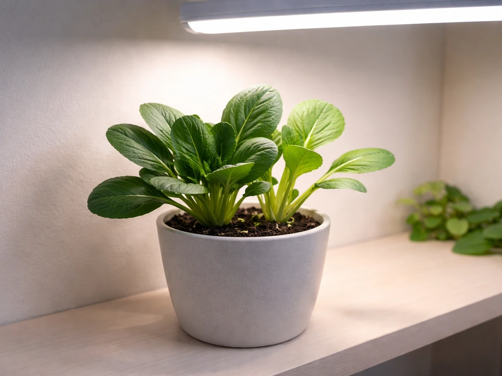 Indoor pechay under a grow light, showing darker compact leaves on the well-lit side versus lighter growth.