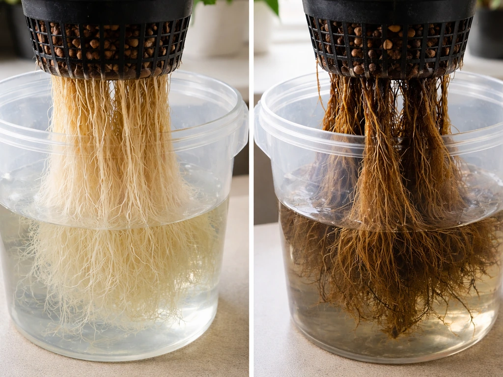 Side-by-side hydroponic roots showing healthy white roots versus brown slimy root-rot roots in two buckets.