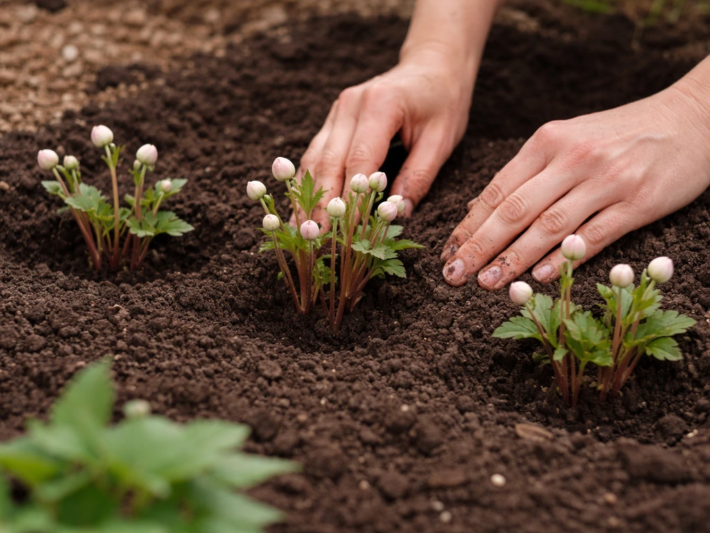 Hands placing Japanese anemones into loosened soil at correct depth with clear spacing in a garden bed.