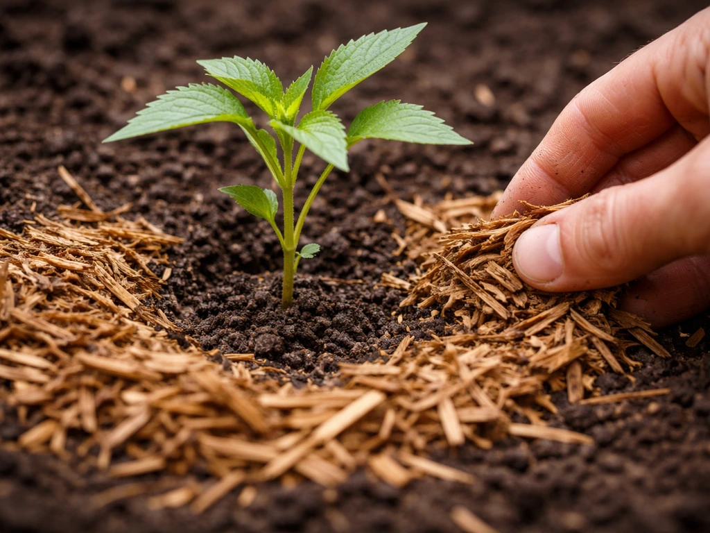 Close-up of organic mulch spread around a newly planted plant, kept clear of the crown.
