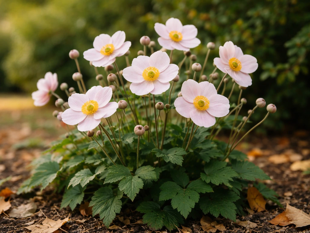 White Japanese anemone flowers blooming among lush green foliage in soft autumn light