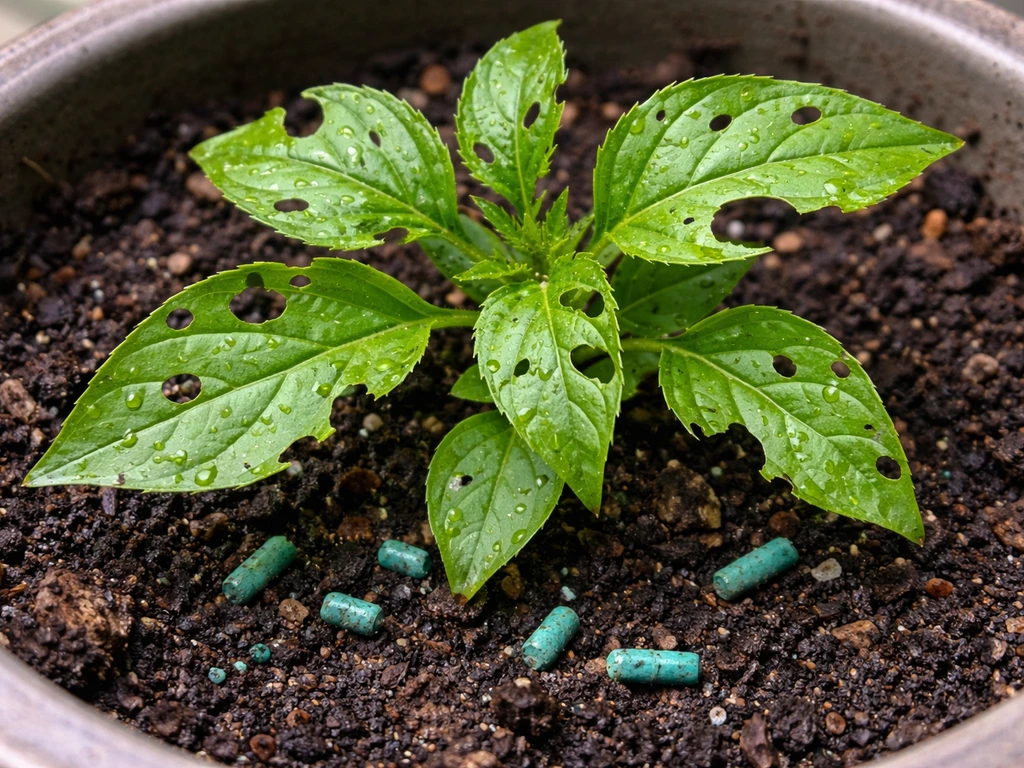 Chewed spring leaves on a small potted plant with scattered slug bait pellets on moist soil.
