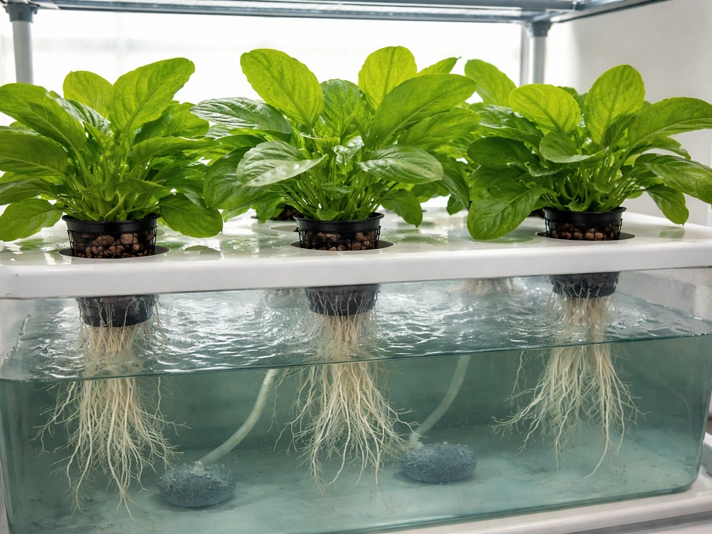 Healthy waterleaf hydroponic plants with leafy greens and visible white roots in a clean reservoir.
