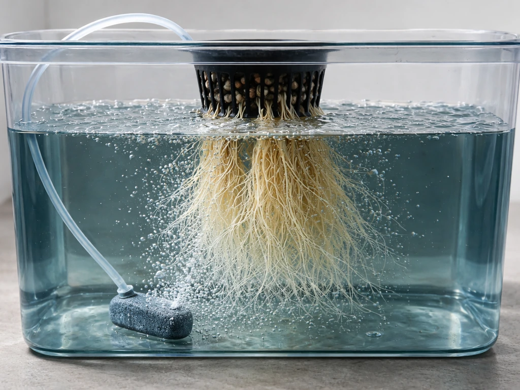 Cutaway view of a DWC hydroponic reservoir with air stone bubbling and roots in oxygenated nutrient water.