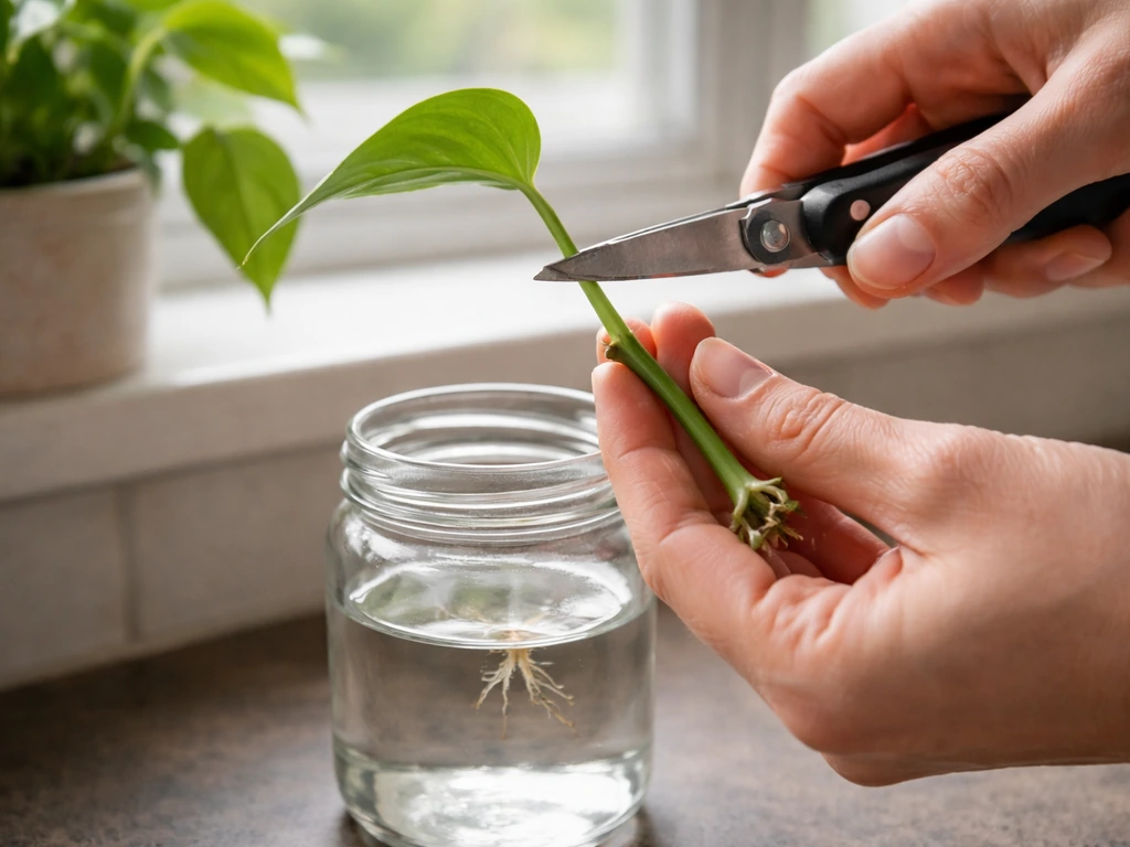 Hands cut a tropical plant stem just below a leaf node and strip lower leaves over a water jar.