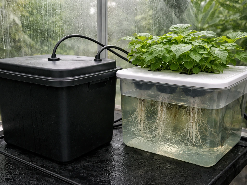 Opaque dark reservoir and nearby clear grow setup kept covered to block light from algae.
