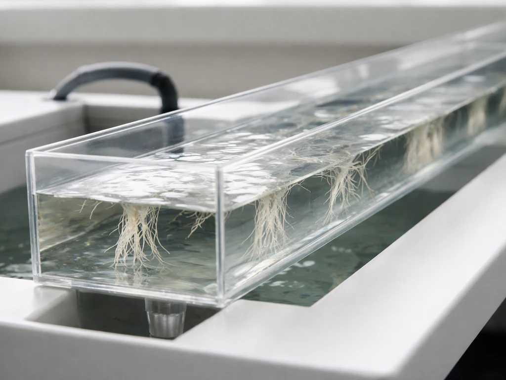 Close-up of a clean hydroponic NFT system with visible nutrient film and white roots in bright natural light