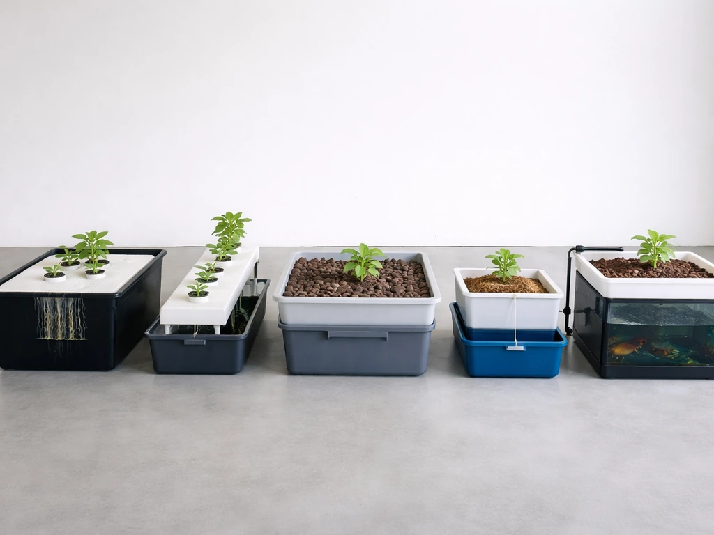 Five hydroponic system setups in a row: DWC, NFT, ebb-flow, wick, and aquaponics.