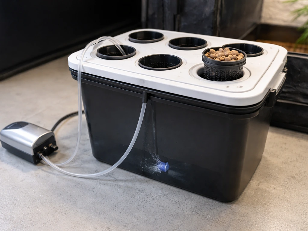 Closeup of opaque DWC reservoir with lid net pot openings and air pump/airstone setup