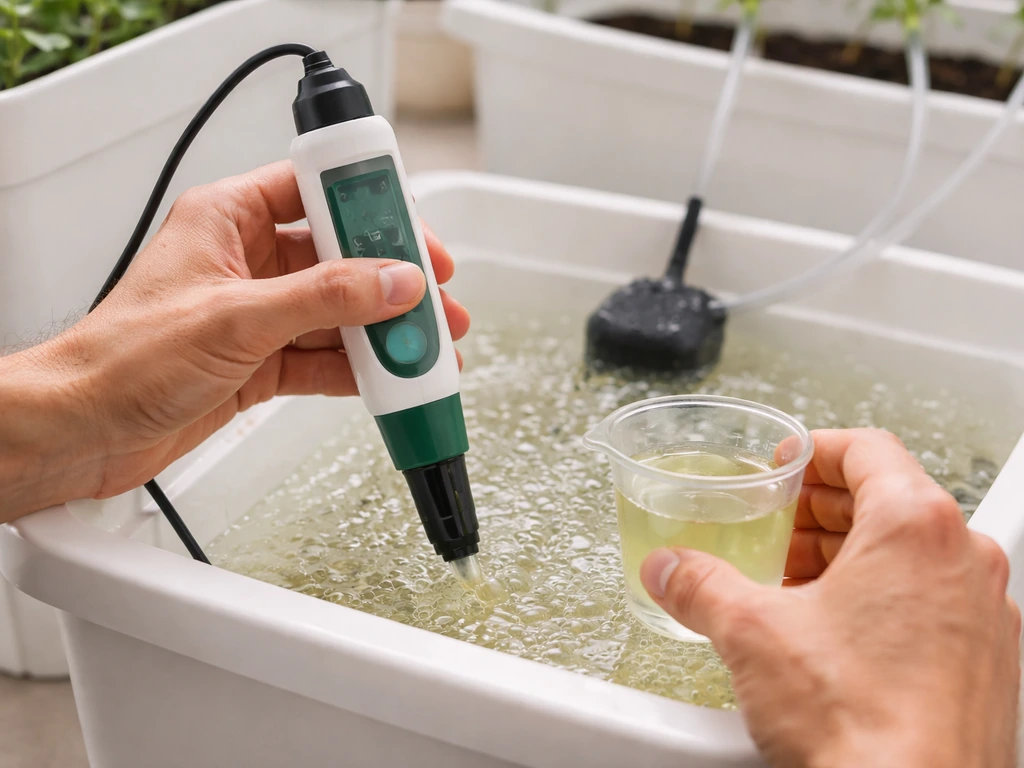 Hands using a pH/EC meter probe over hydroponic nutrient solution near a reservoir