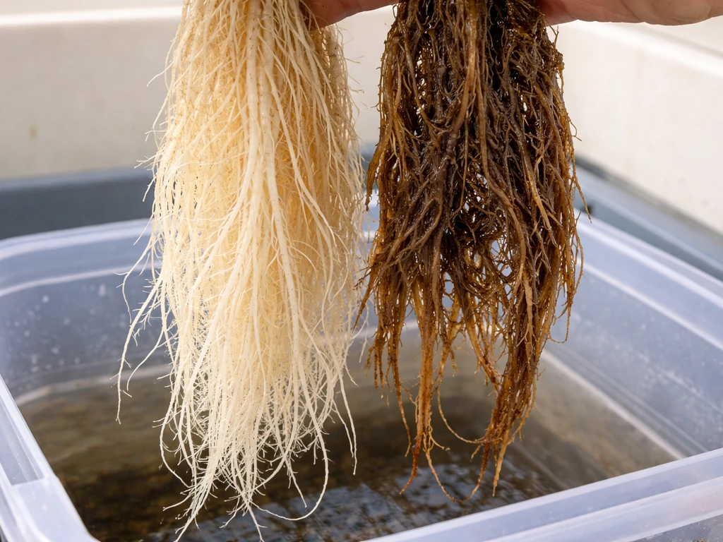 Close-up of hydroponic roots: healthy white firm roots beside brown slimy rot roots over a reservoir