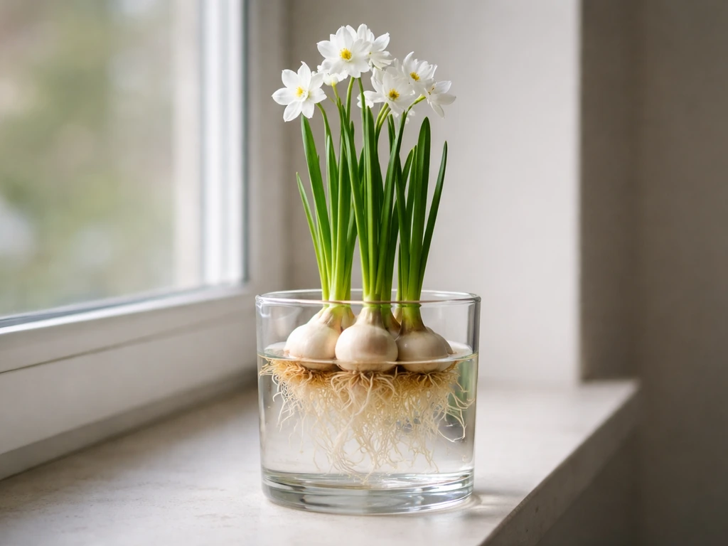 Paperwhite bulbs in a clear glass bowl with roots in shallow water and white blossoms above the waterline