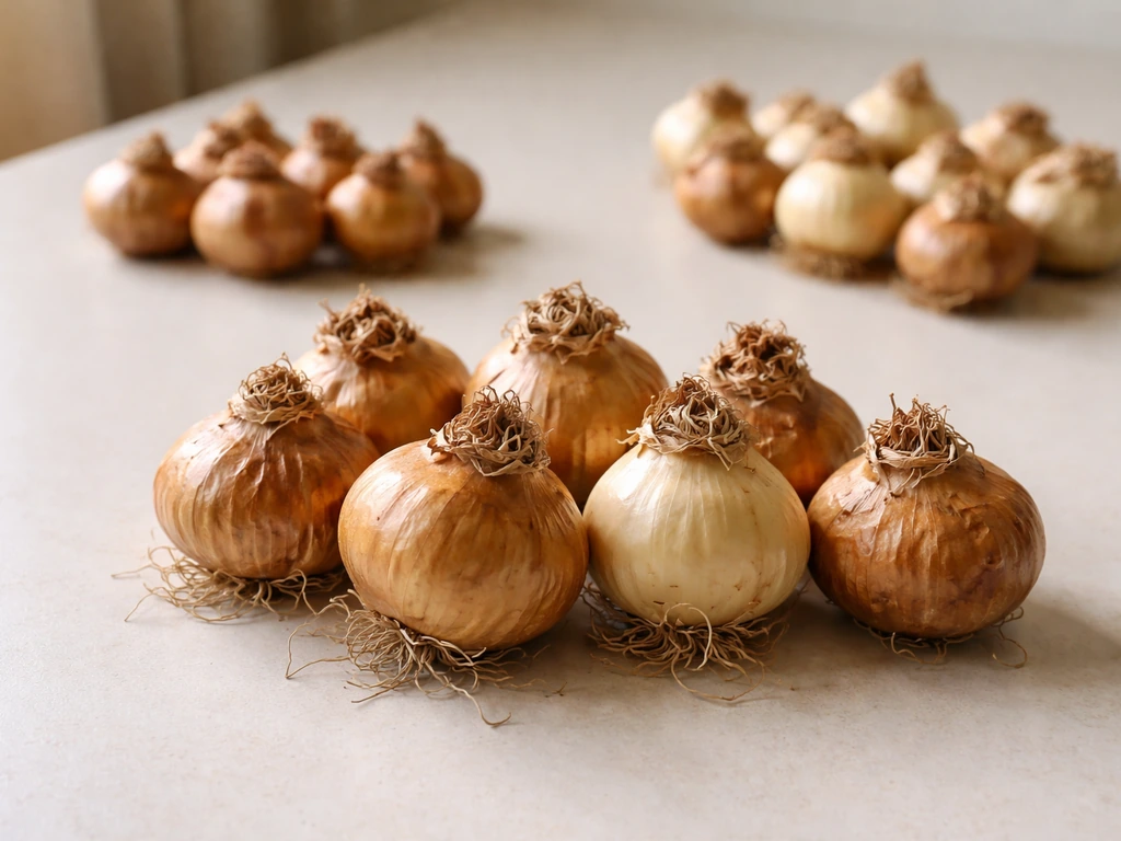 Paperwhite bulbs of different sizes arranged side-by-side on a light table, larger bulbs closest to camera.