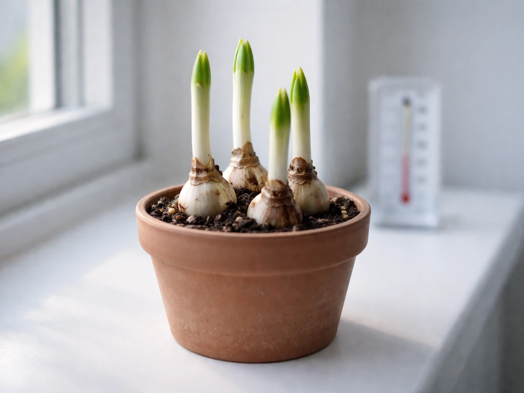Cool indoor setup for paperwhite bulbs: bright indirect light over planting pot with a thermometer nearby.
