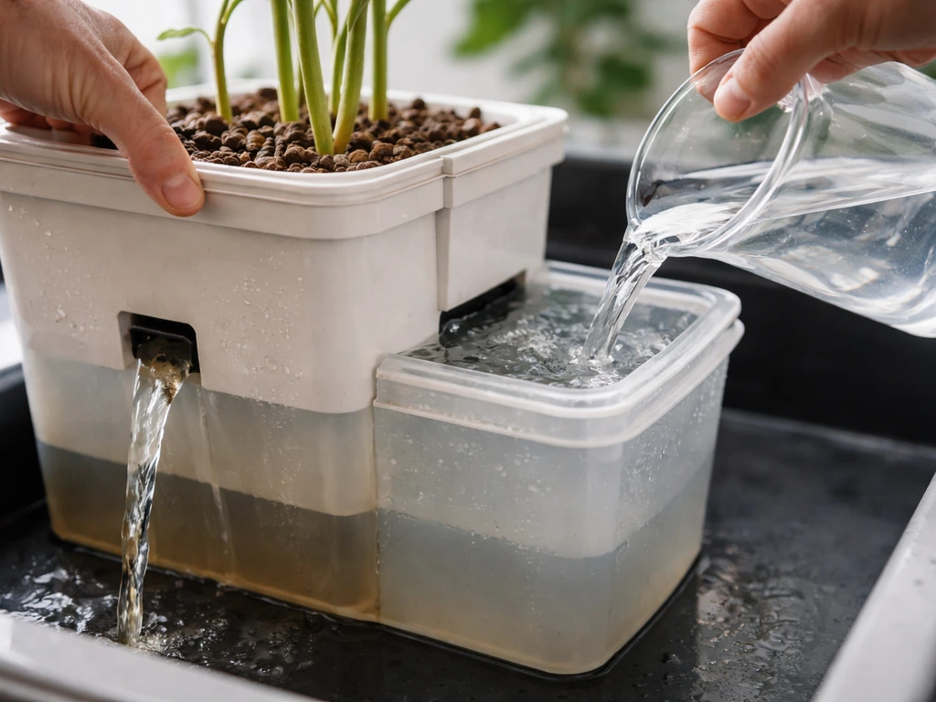 Hands pouring off old water from a hydroponic container and refilling with fresh water
