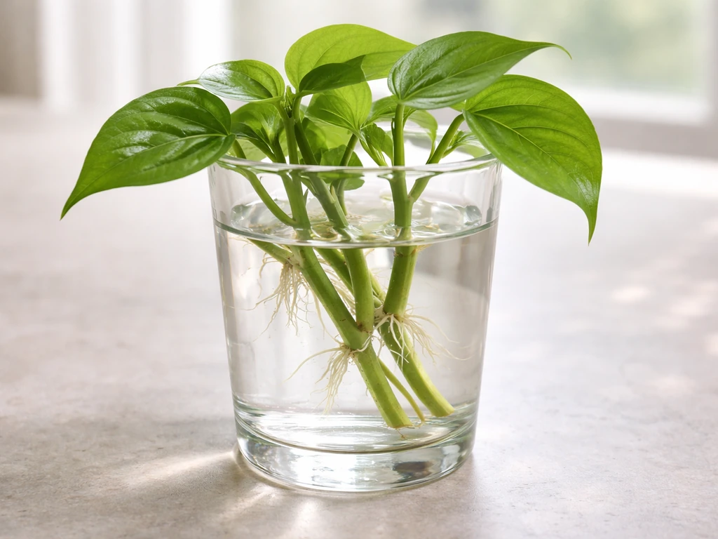 Fresh betel leaf cuttings rooting in a clear glass of water near bright indirect light.