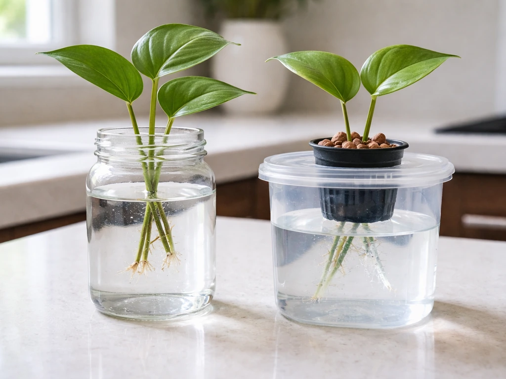 Two plant cuttings side-by-side: one rooting in a jar of water, the other in a small hydroponic setup.
