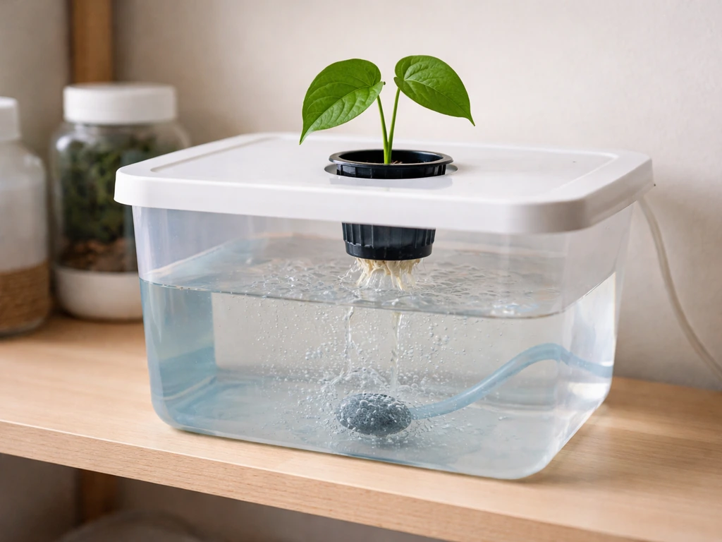 Betel leaf cutting in a DWC net cup above bubbling air stone in a clear water reservoir