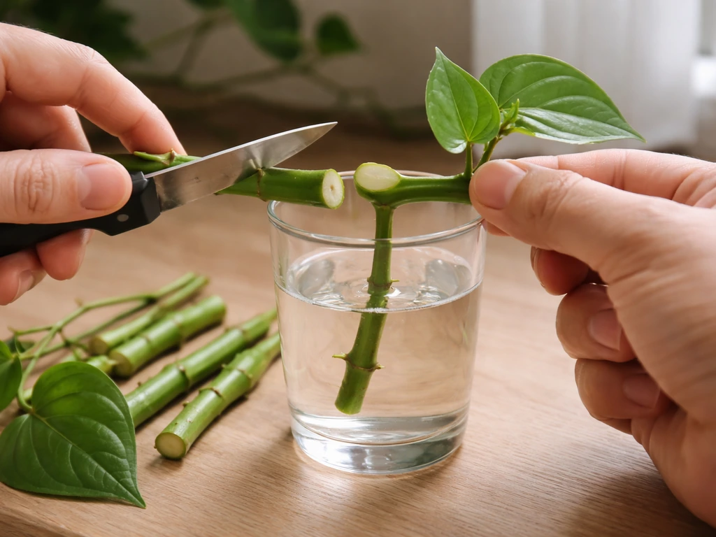 Hands cutting a betel vine stem into node segments placed to root in a glass of water.