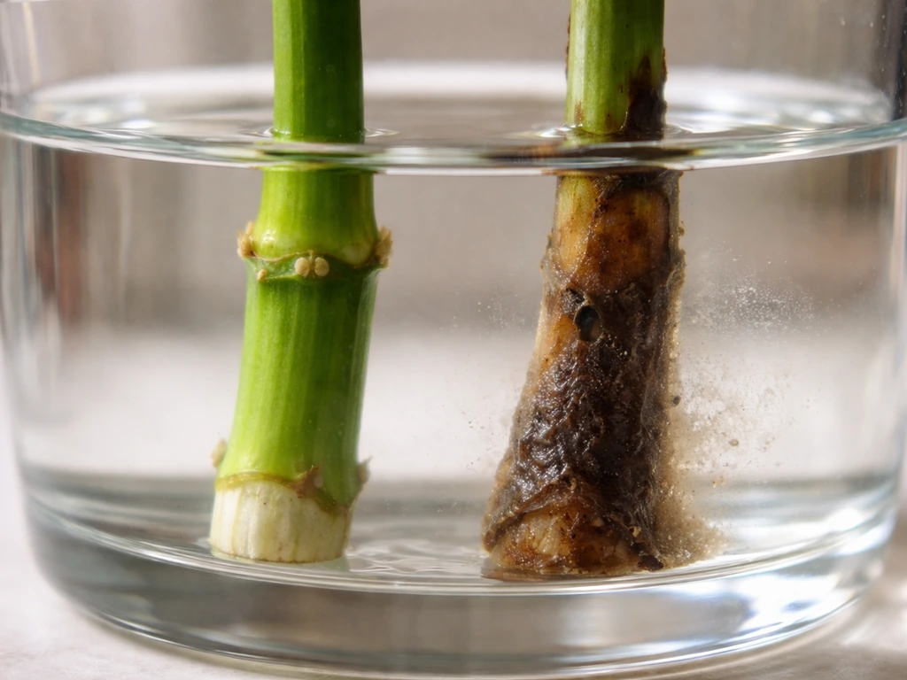 Close-up of healthy and rotting submerged plant stem sections in water, showing clean green vs brown slimy rot