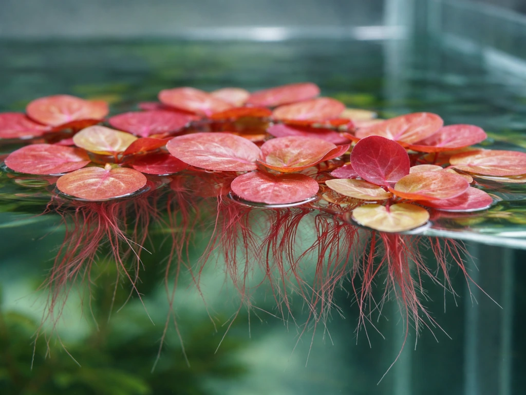 Healthy red root floater plants floating in a clear aquarium, with red stems and visible roots