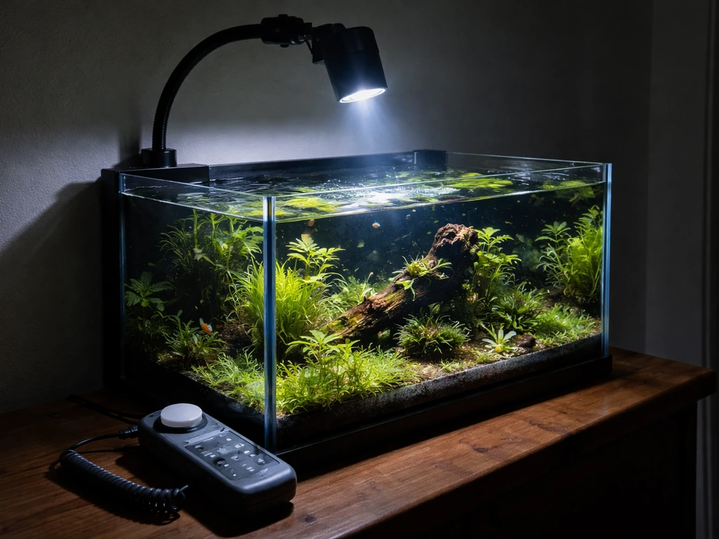 Aquarium with an adjustable LED aimed into the tank and a light meter near the water surface.