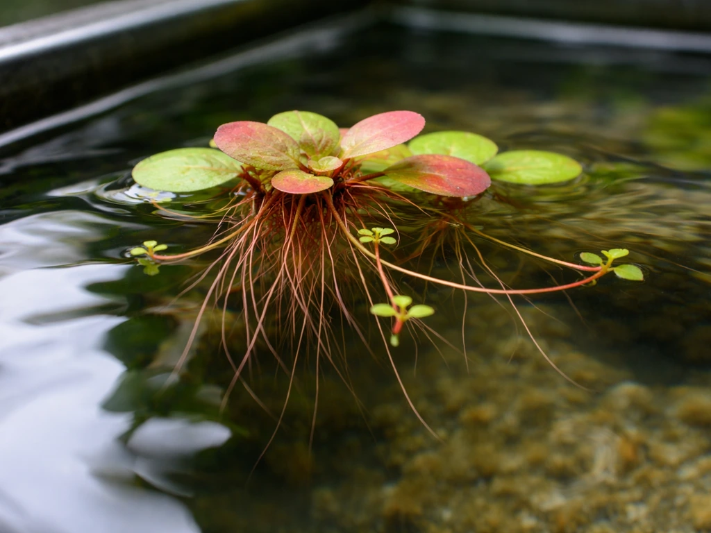 Red root floater clump with visible runners and small daughter offshoots branching into new growth