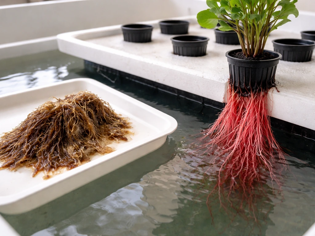 Hydroponic basin showing slimy brown roots on a tray beside healthy bright red roots in clean water.