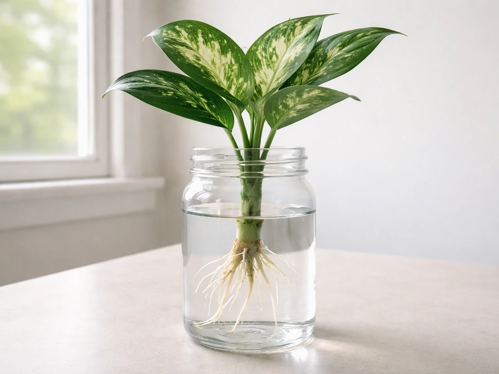 Dumb cane cutting in a clear glass of water with fresh roots and lush green leaves above waterline.