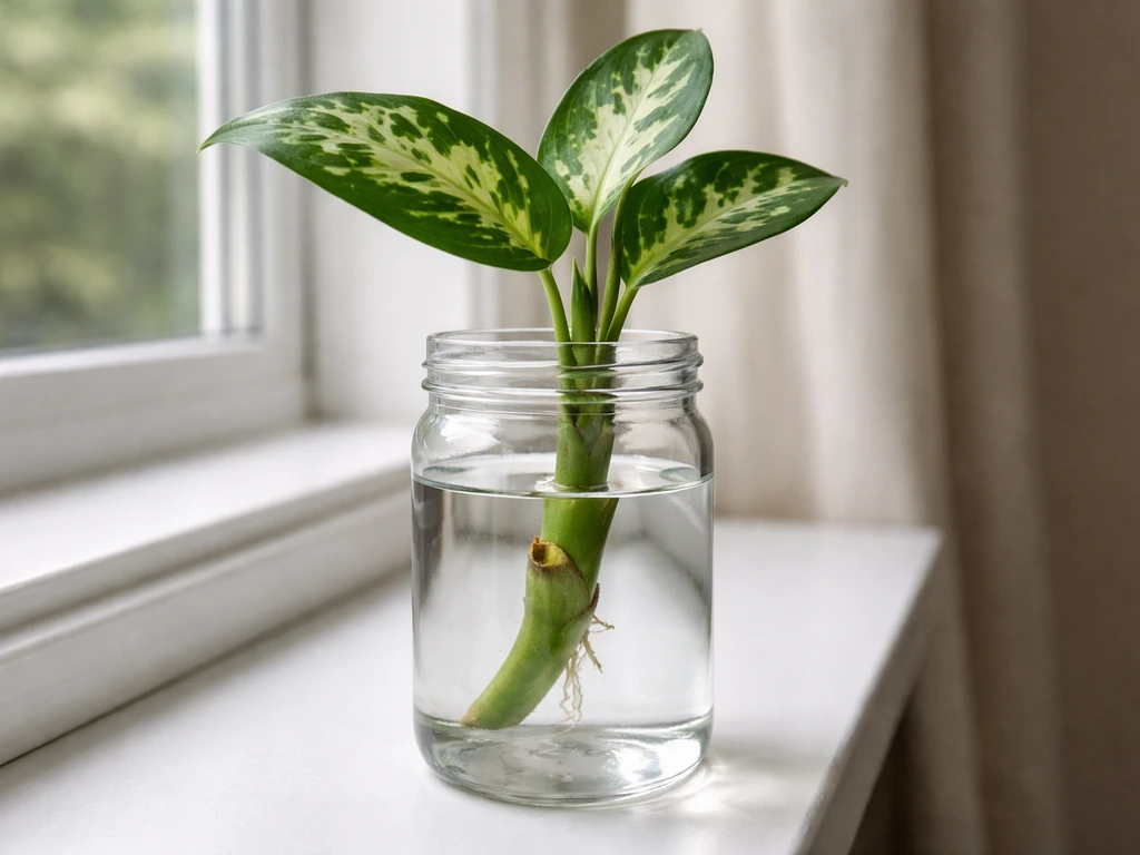 Dumb cane stem cutting in clear water with 1–2 nodes submerged, leaves above in bright indirect light.