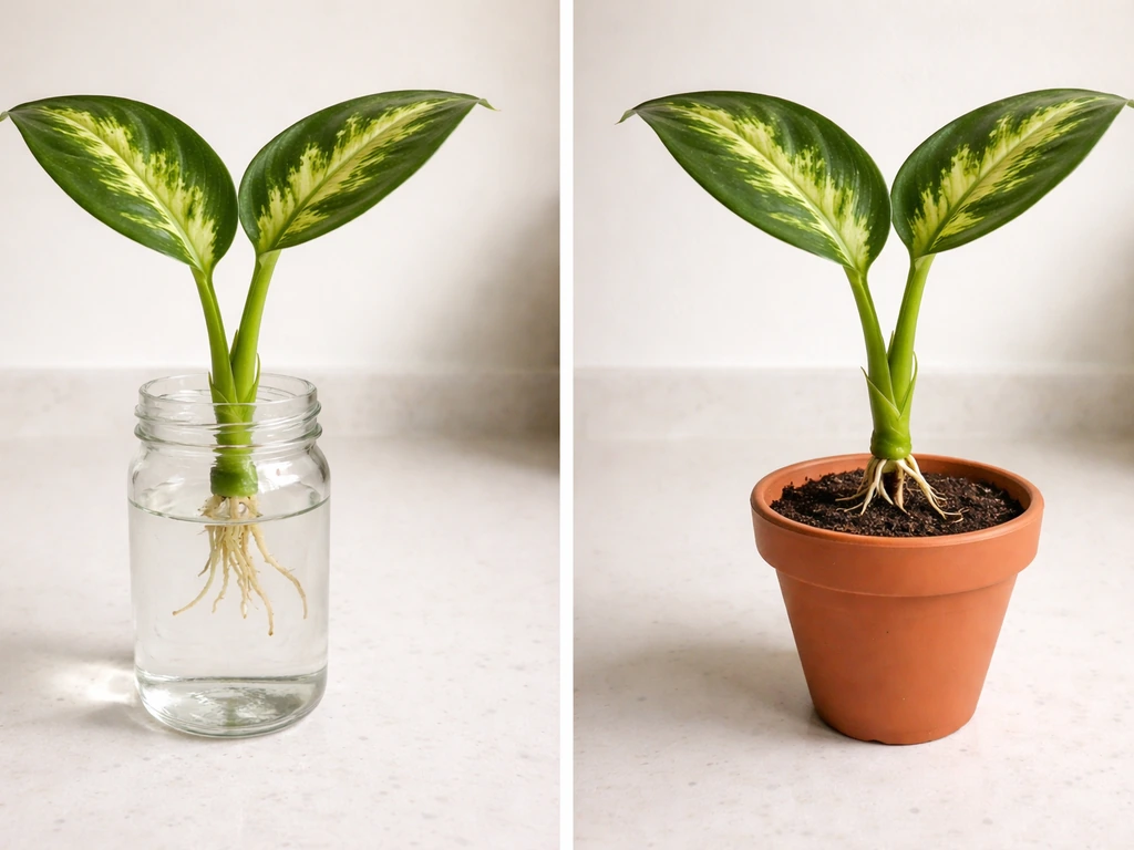 Side-by-side view of a dumb cane cutting with short roots in water and the same stage ready for soil transplant.