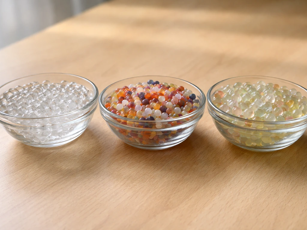 Three clear bowls with different types of water beads arranged side-by-side on a wooden table.