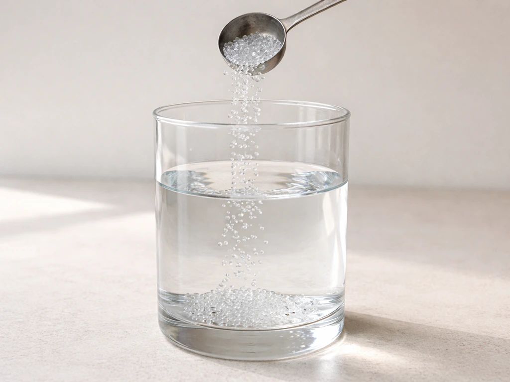 Measured dry beads being poured into clear water in a simple glass container to begin expansion.