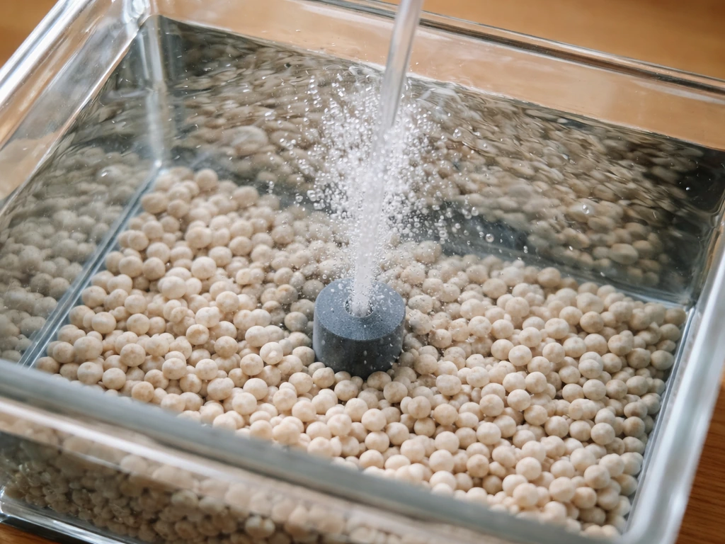 Overhead view of an aquarium with beads and an air stone creating gentle bubbles for oxygenated water flow.
