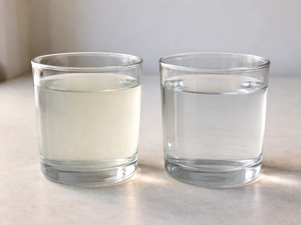 Two clear containers side-by-side: cloudy stagnant water on the left and clearer water on the right.