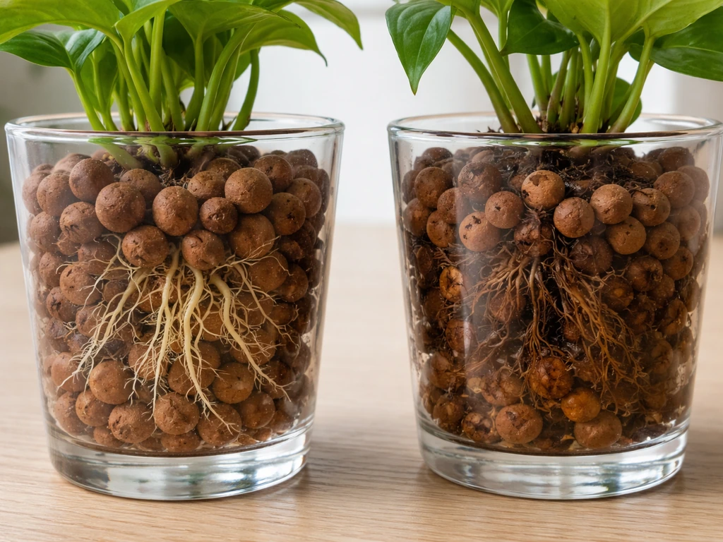 Two plants in clear water beads—one with firm white roots, one with brown mushy rotting roots.
