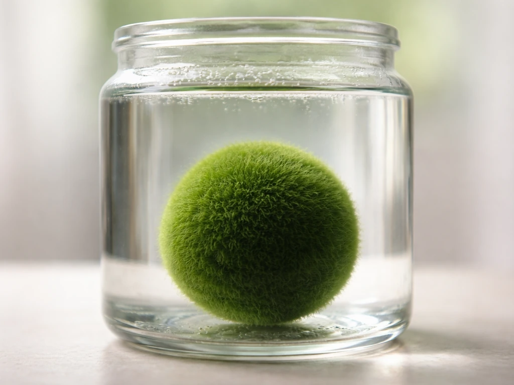 Lush green marimo water ball in a clear glass jar, captured in crisp natural light.