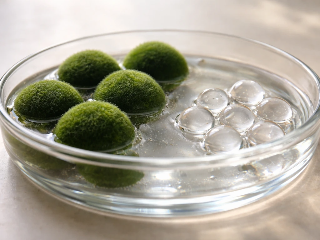 Close-up of algae marimo-like green spheres and small clear gel beads in shallow water