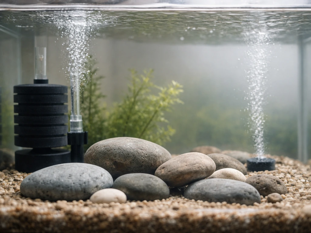 Close-up of a small aquarium showing a sponge filter and gentle aeration bubbles for calm circulation.