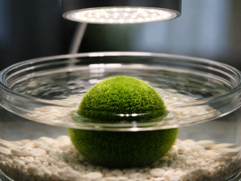 Close-up of a marimo under a dimmable LED with gentle water ripple inside a glass jar.