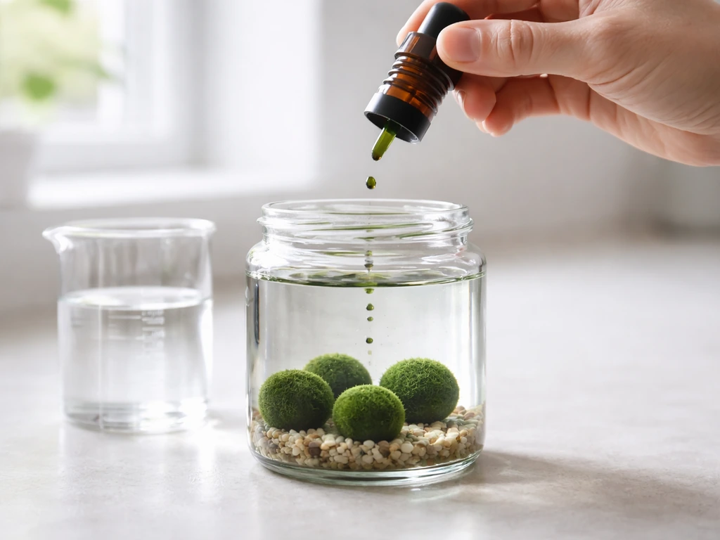 A dropper bottle releasing a few fertilizer drops into a marimo jar on a counter.