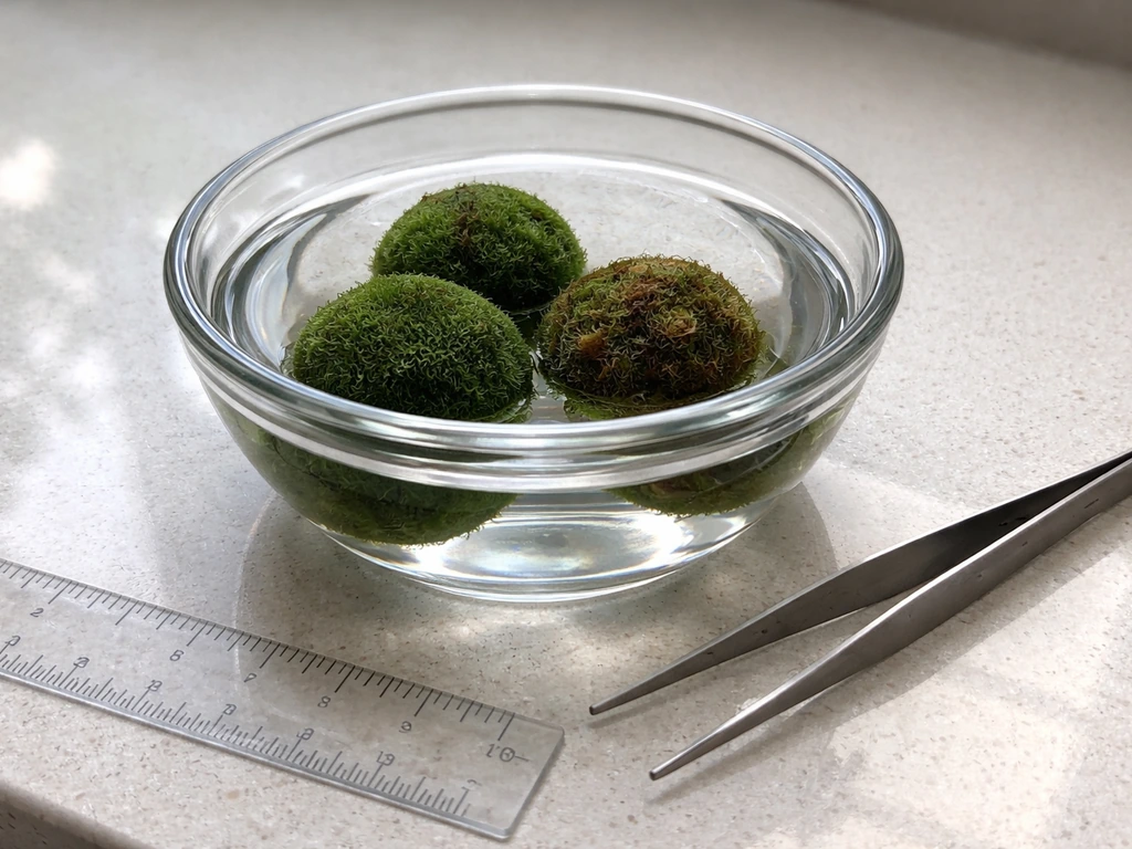 Green marimo beside one with brown patches, with a ruler and tweezers on a countertop.
