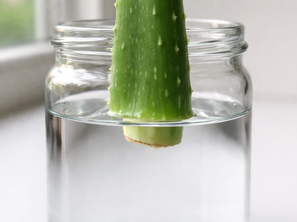 Close-up of an aloe leaf cutting hovering above clear water in a narrow glass jar.